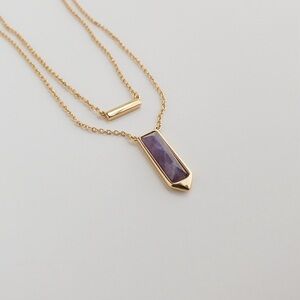 Stella & Dot Spear Amethyst Stone Pendant Choker Necklace Gold Tone Layered